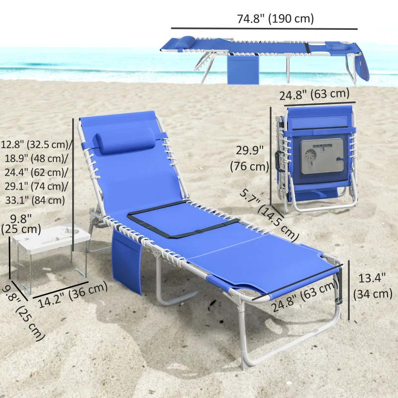Outsunny Tanning Chair with Face Hole and Side Table, Folding Outdoor Lounge Chair with Carry Straps, Side Pocket, Navy Blue