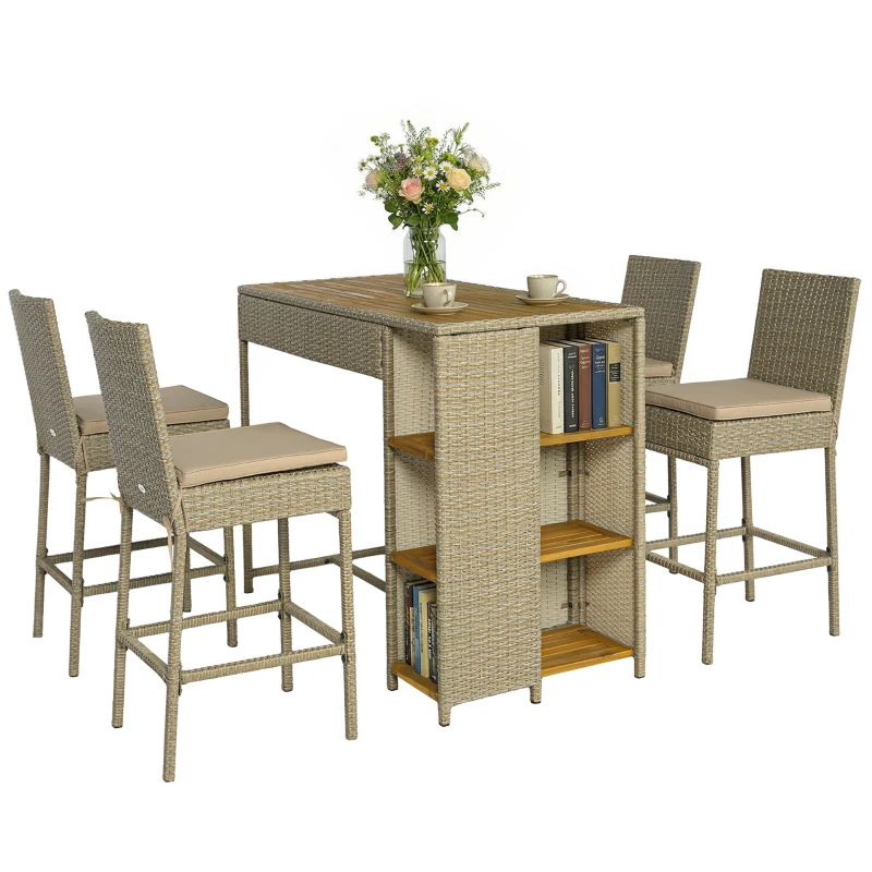 Outsunny 5 Piece Wicker Outdoor Bar Set, Acacia Wood Outdoor High Top Table and Chairs with 3 Tier Shelves, Cushions, Brown