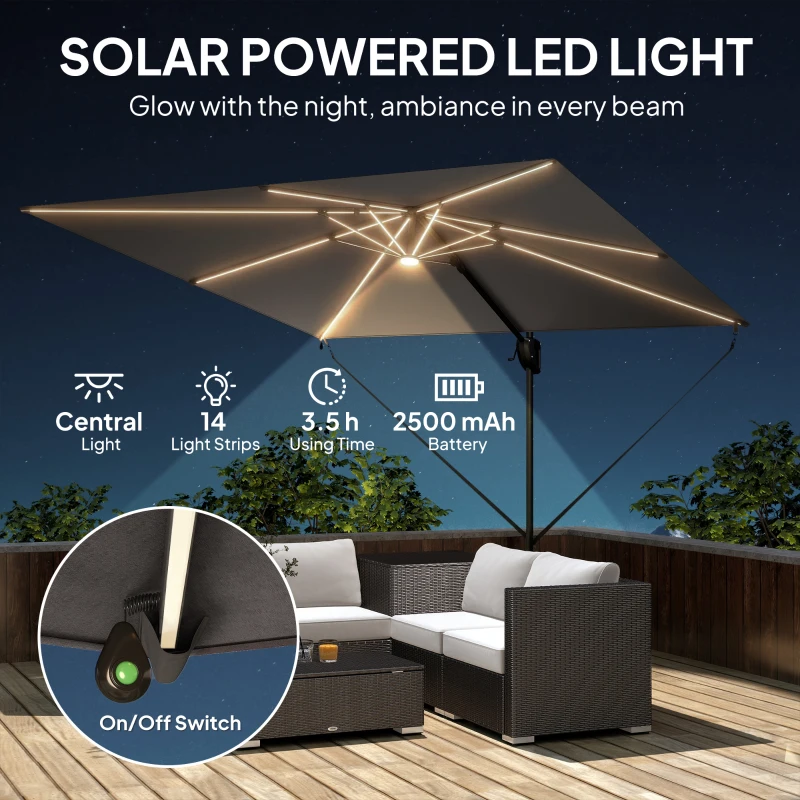 Outsunny 10 x 9.7 ft Offset Cantilever Patio Umbrella with Lights, Wind Rope, UPF50+ Outdoor Cantilever Parasol, Dark Grey