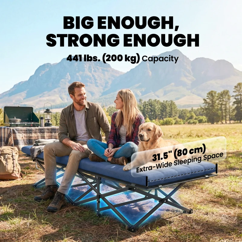 Outsunny Camping Cot with Soft Pad, 32" Extra Wide Folding Cots with Non-Slip Feet and Carry Bag, Blue