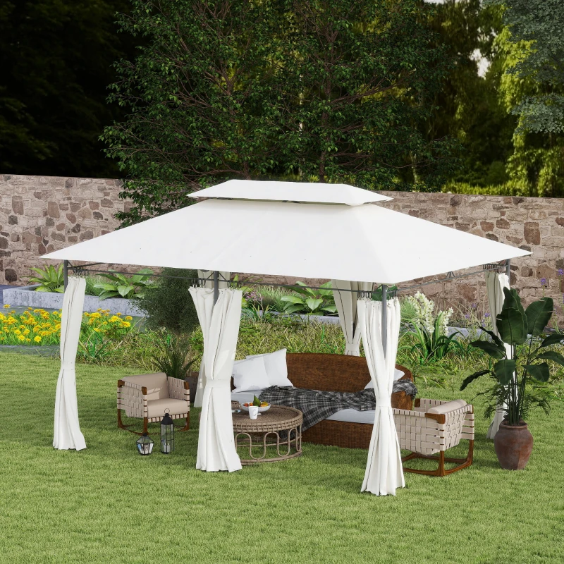 Outsunny 10' x 13' Double Roof Patio Gazebo, Outdoor Gazebo with Curtains, for Garden, Lawn, Backyard and Deck, Cream White