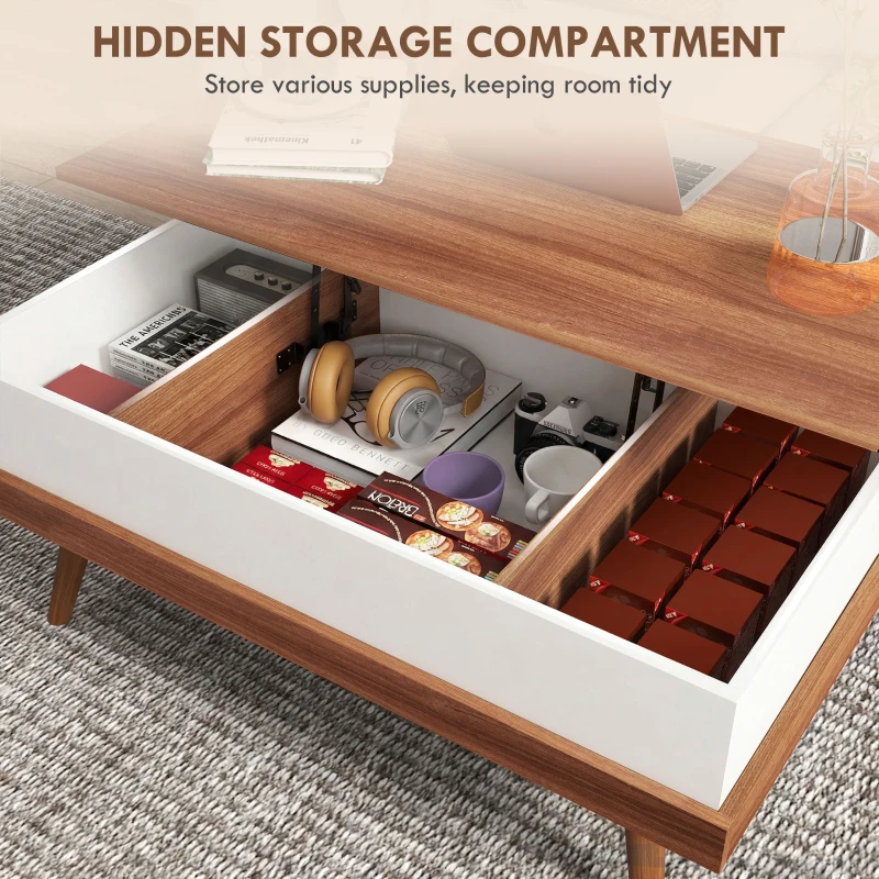 HOMCOM Lift Top Coffee Table with Hidden Compartments and Wood Legs, Walnut