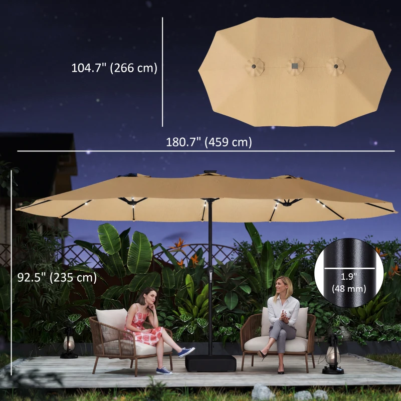 Outsunny Double-sided Patio Umbrella with Base Included & 48 LED Lights 15ft Khaki