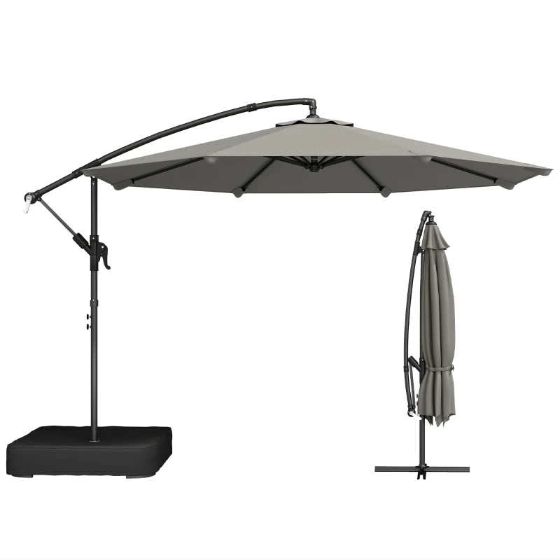 Outsunny 9.6 ft Offset Patio Umbrella with Sandbag, Garden Hanging Banana Cantilever Parasol with 360° Rotation, Grey