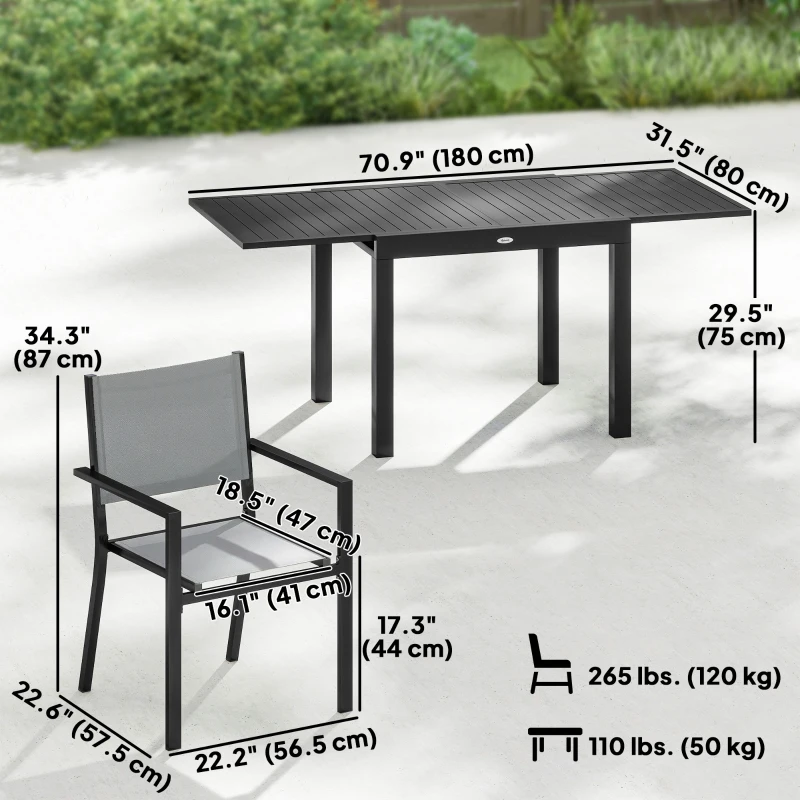 Outsunny 7 Pieces Outdoor Dining Set, Aluminum Patio Table and Chairs Set for 6 with Extendable Tabletop and Stackable Chairs