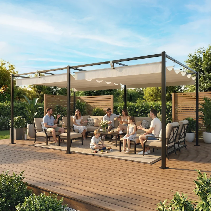 Outsunny 19' x 10' Pergola with Retractable Canopy, Patio Pergola with Sun Shade Shelter, UV50+, for Patio, Garden, Cream
