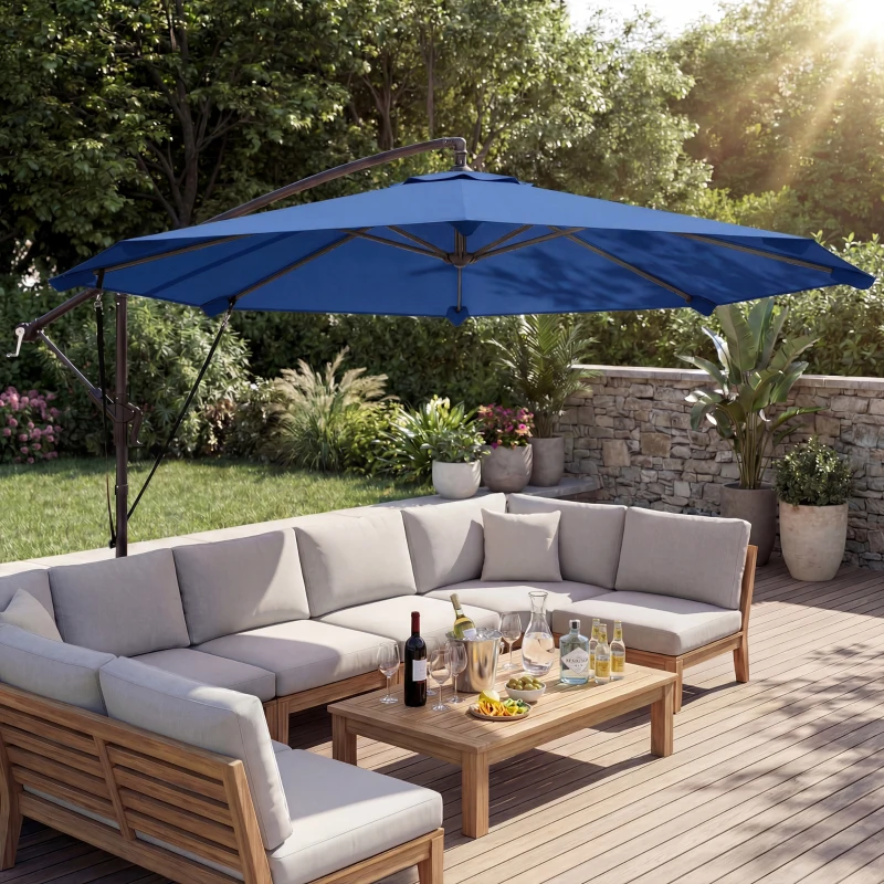Outsunny 10FT Cantilever Patio Umbrella with 8 Ribs, Offset Patio Umbrella with Cover and Wind Ropes for Garden, Yard, Navy Blue