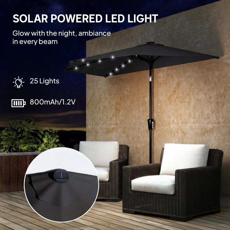 Outsunny Half Outdoor Patio Umbrella with Solar LED Lights Half Umbrella with Crank 105.1" x 53.5" Black