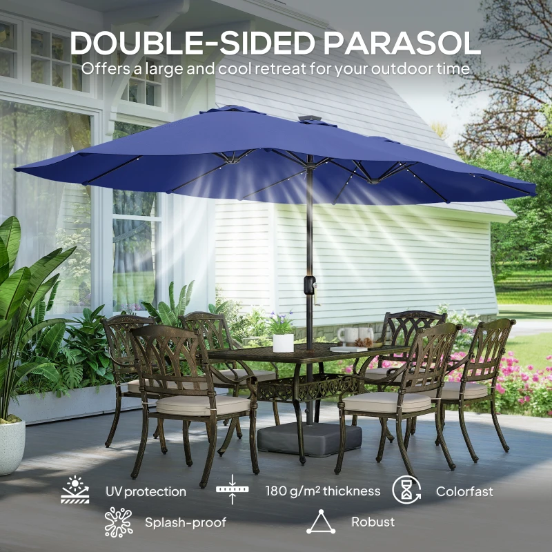 Outsunny Double-sided Patio Umbrella with Base Included & 48 LED Lights 15ft Dark Blue