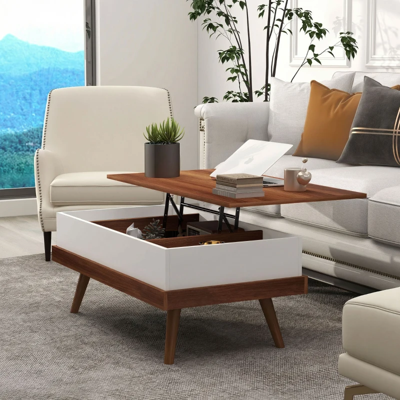 HOMCOM Lift Top Coffee Table with Hidden Compartments and Wood Legs, Walnut