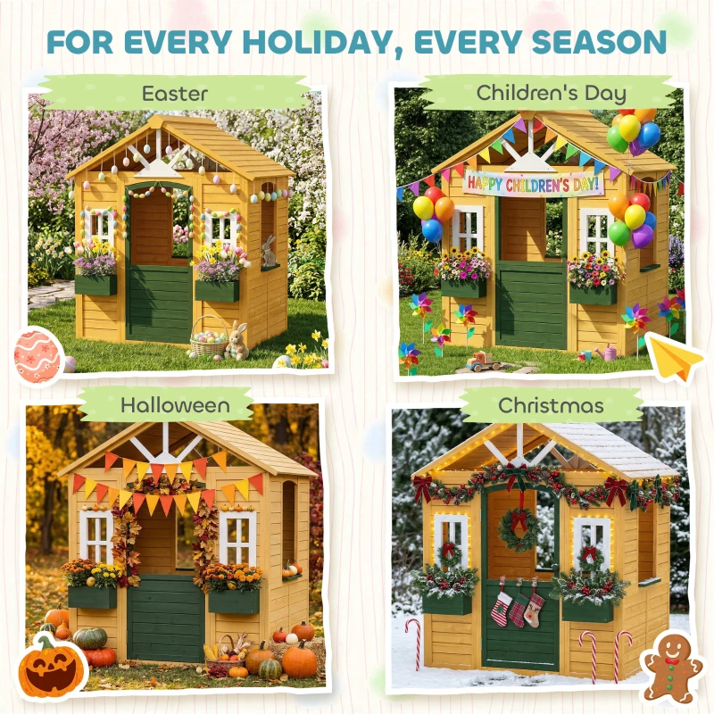 Qaba Outdoor Playhouse, Wooden Kids Playhouse with Door, 3 Windows, 2 Flower Boxes for Garden, Indoor Playroom, Ages 3–8