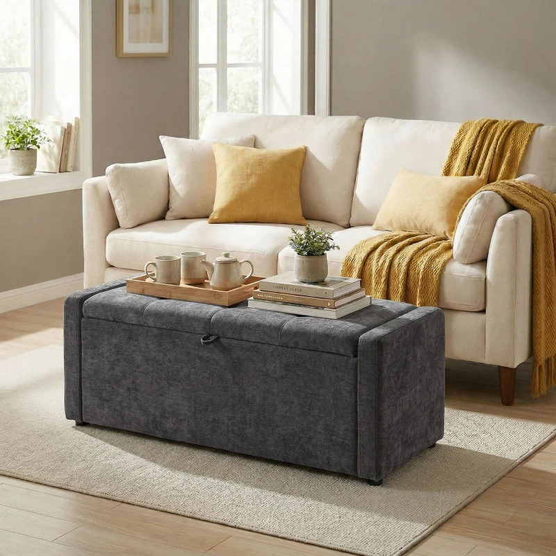 HOMCOM Storage Ottoman Bench, Linen-Look Fabric Upholstered Ottoman with Storage, Wide Padded Seat, Dark Grey