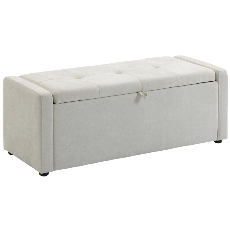 HOMCOM Storage Ottoman Bench, Linen-Look Fabric Upholstered Ottoman with Storage, Wide Padded Seat, Cream White