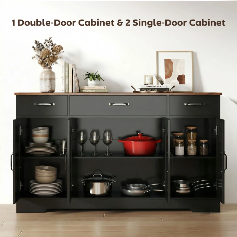 HOMCOM Sideboard Buffet Cabinet, 55" Farmhouse Kitchen Cabinet with 4 Barn Doors, 3 Drawers, 3 Adjustable Shelves, Black