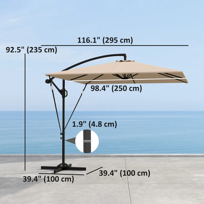 Outsunny Patio Offset Umbrella UPF 50+ UV Protection, Crank Parasol with Base, Cover & Wind Securing, Khaki
