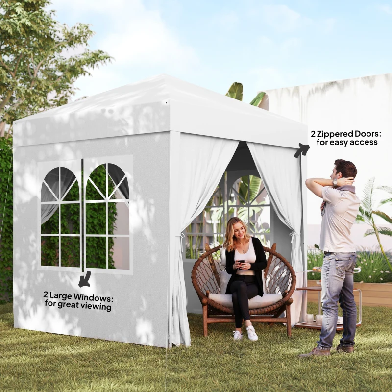 Outsunny 6.6'x6.6' Pop Up Canopy Tent with Sidewalls, Instant Sun Shelter Camping Gazebo with Carry Bag, White