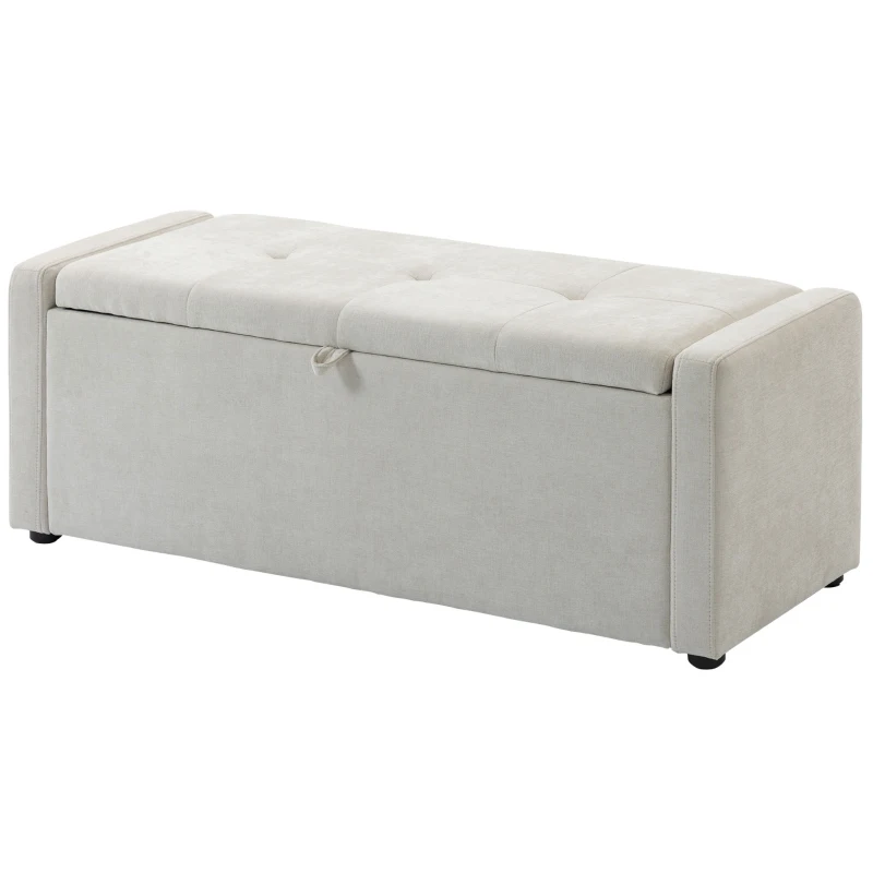 HOMCOM Storage Ottoman Bench, Linen-Look Fabric Upholstered Ottoman with Storage, Wide Padded Seat, Cream White