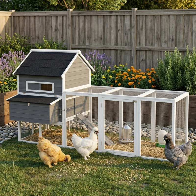 PawHut 137" Wooden Chicken Coop for 8-10 Chickens, Backyard, Dark Gray