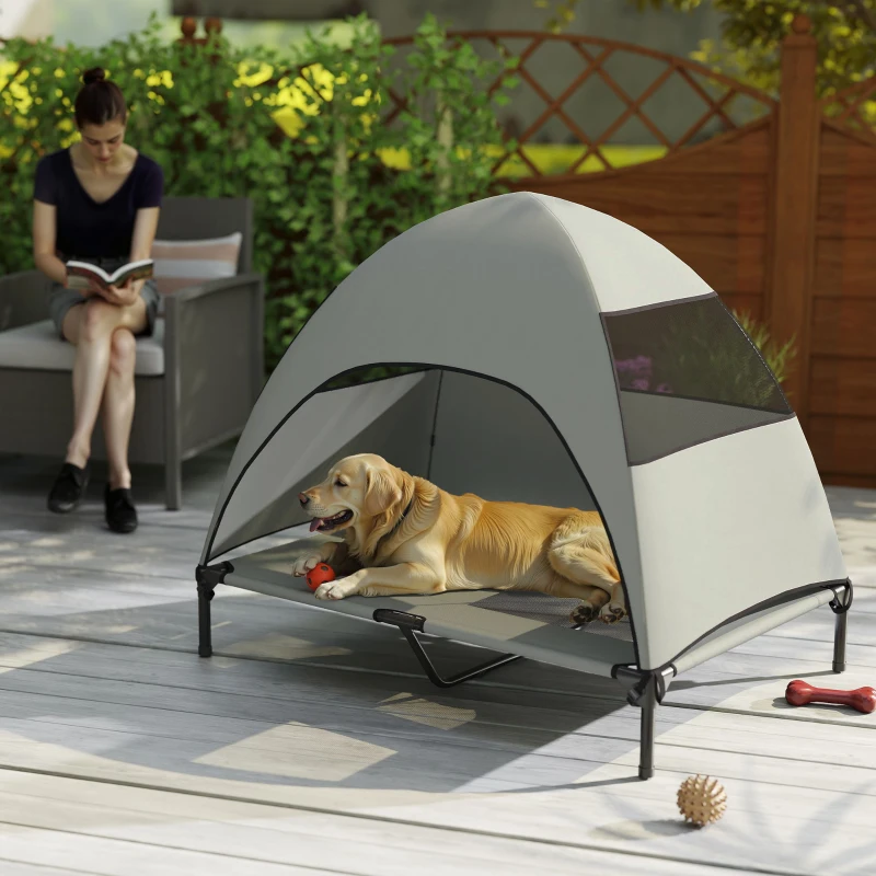 PawHut Elevated Dog Bed with Canopy Raised Dog Bed  Washable Mesh Steel Frame 41.7" x 29.9" x 39" Light Grey