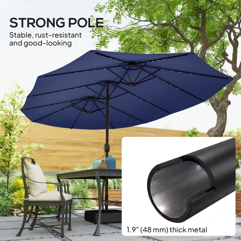 Outsunny Double-sided Patio Umbrella with Base Included & 48 LED Lights 15ft Dark Blue
