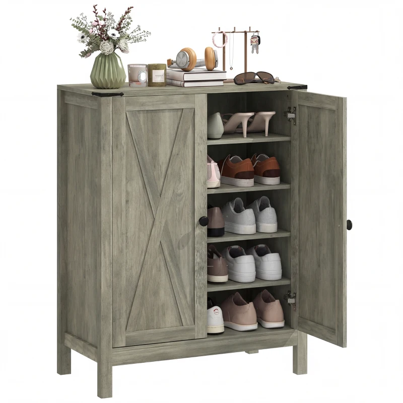 HOMCOM Shoe Cabinet with Barn Doors, Farmhouse Shoe Storage Cabinet with Adjustable Shelves, Holds up to 15 Pairs, Grey