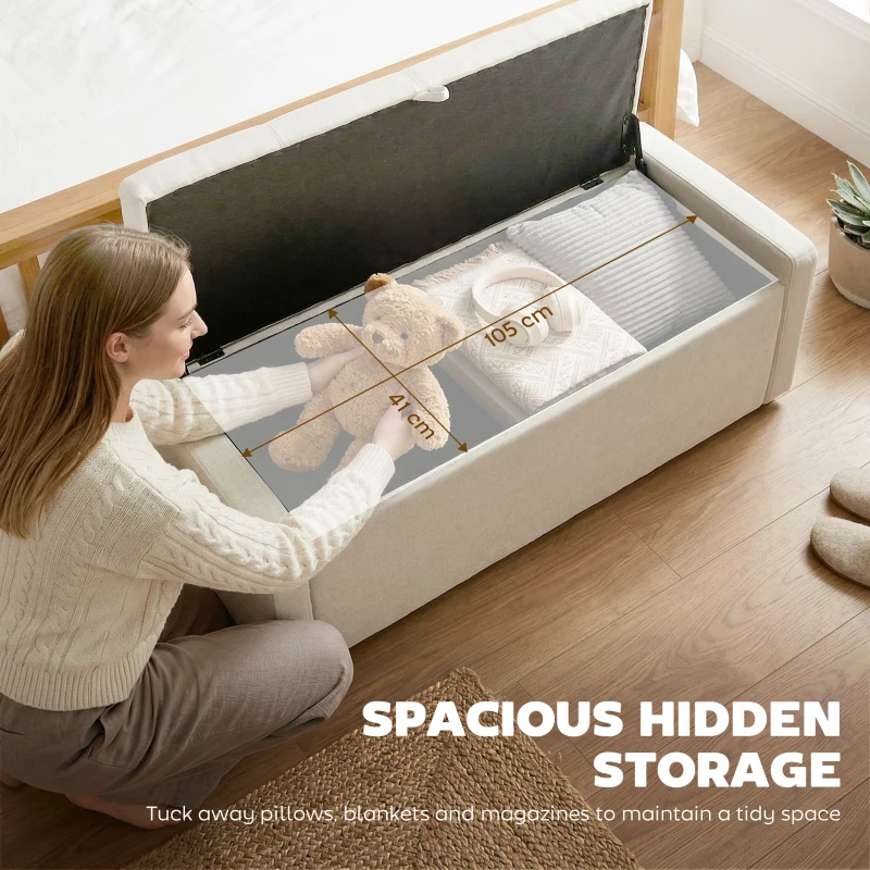 HOMCOM Storage Ottoman Bench, Linen-Look Fabric Upholstered Ottoman with Storage, Wide Padded Seat, Cream White