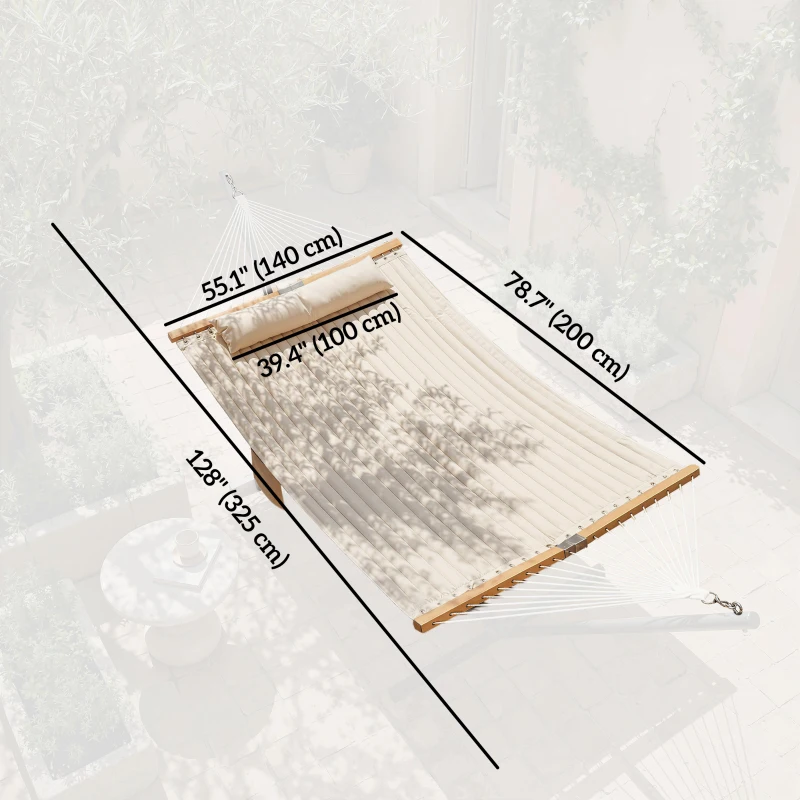 Outsunny Outdoor Hammock Padded Camping Hammock with Pillow & Spreader Bars 200 x 140 cm Cream White