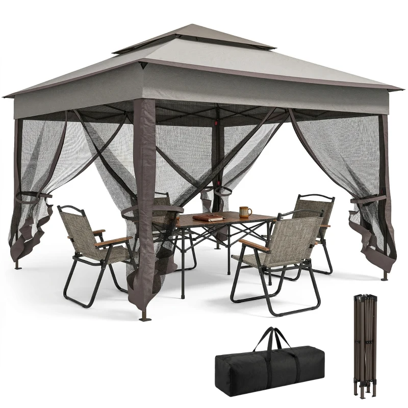Outsunny 11' x 11' Pop Up Canopy 2-Tier Soft Top Shelter Event Tent w/ Netting Carry Bag for Patio Backyard Garden, Mixed Grey
