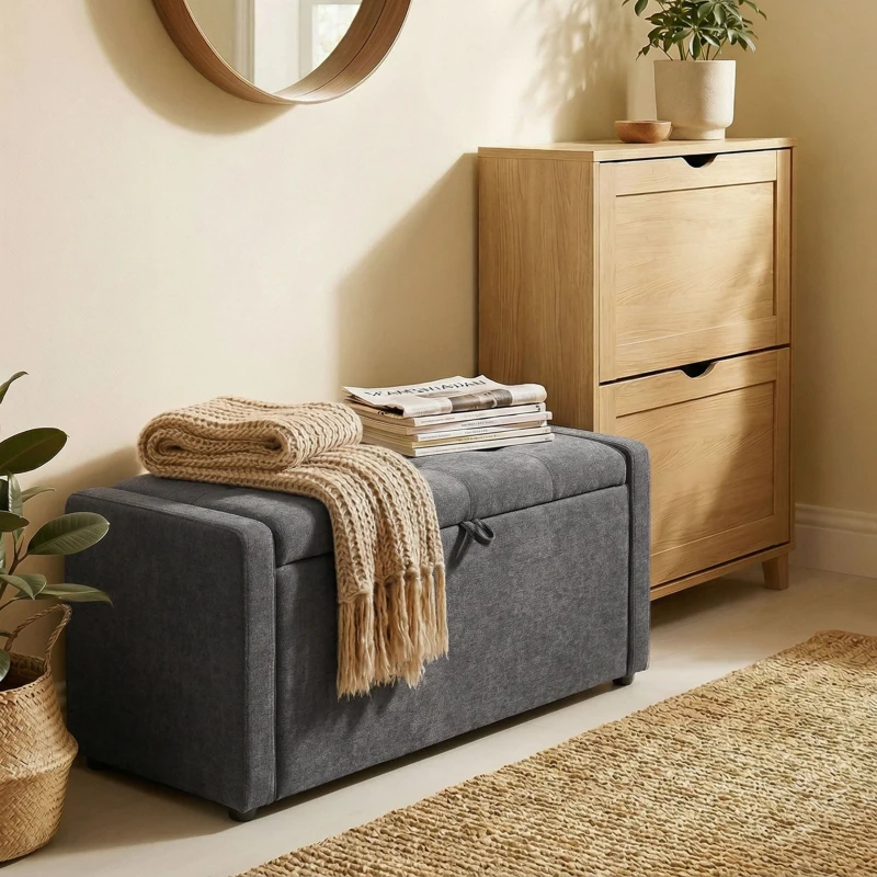 HOMCOM Storage Ottoman Bench, Linen-Look Fabric Upholstered Ottoman with Storage, Wide Padded Seat, Dark Grey