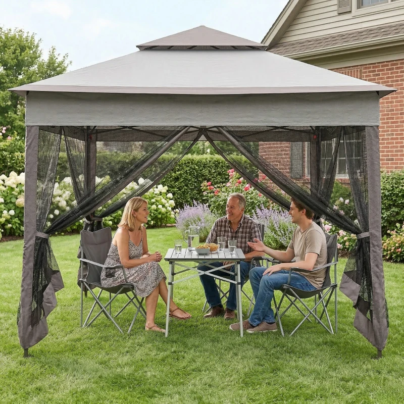Outsunny 11' x 11' Pop Up Canopy 2-Tier Soft Top Shelter Event Tent w/ Netting Carry Bag for Patio Backyard Garden, Mixed Grey