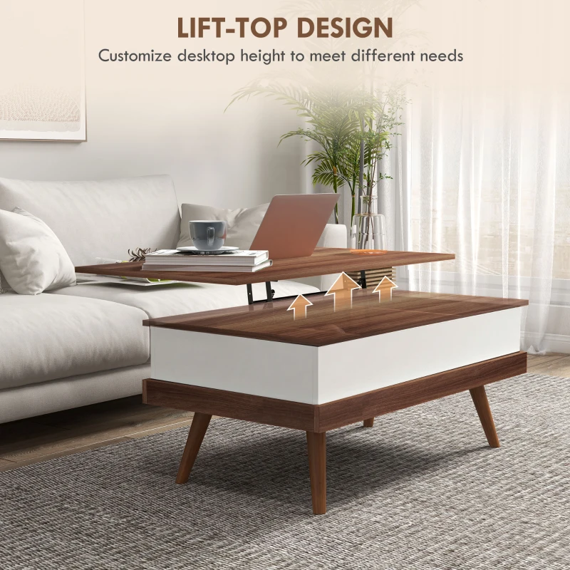 HOMCOM Lift Top Coffee Table with Hidden Compartments and Wood Legs, Walnut