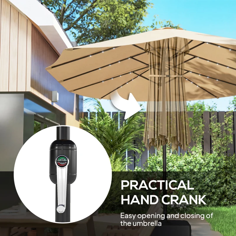 Outsunny Double-sided Patio Umbrella with Base Included & 48 LED Lights 15ft Khaki