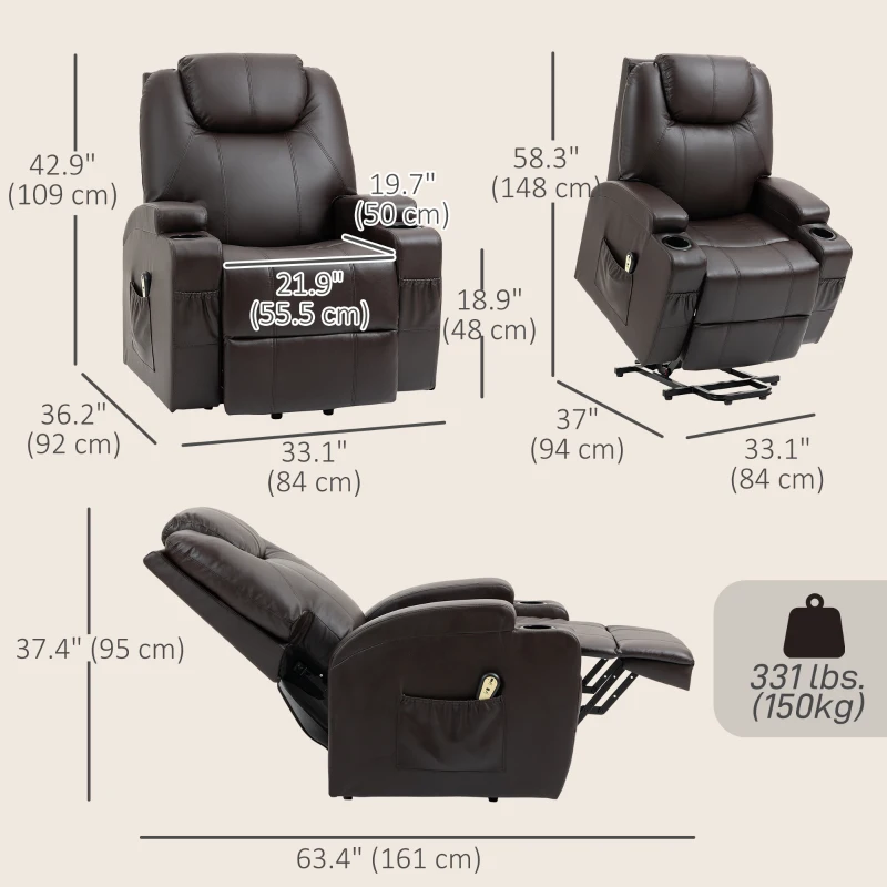 HOMCOM Power Lift Recliner Chair for Elderly, PU Leather Lift Chair with Thick and High Back, Footrest, Remote, Side Pockets, Cup Holders, Reclining Sofa for Living Room, Brown