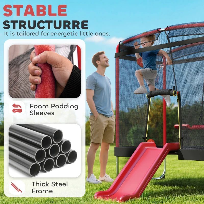 Qaba 4 x 6FT Trampoline for Kids Indoor & Outdoor with Slide, Swing, Basketball Hoop and Safety Enclosure, Red