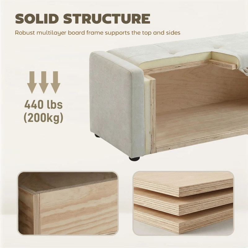 HOMCOM Storage Ottoman Bench, Linen-Look Fabric Upholstered Ottoman with Storage, Wide Padded Seat, Cream White