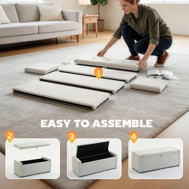 HOMCOM Storage Ottoman Bench, Linen-Look Fabric Upholstered Ottoman with Storage, Wide Padded Seat, Cream White