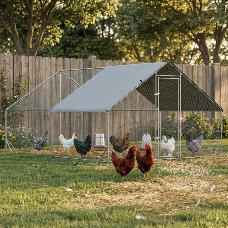 PawHut 10' x 13' x 6.5' Metal Frame Chicken Run, Outdoor Hen House with Cover & Lockable Door