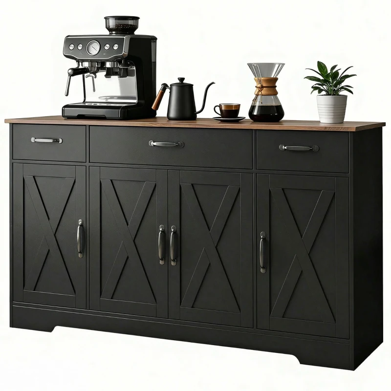 HOMCOM Sideboard Buffet Cabinet, 55" Farmhouse Kitchen Cabinet with 4 Barn Doors, 3 Drawers, 3 Adjustable Shelves, Black