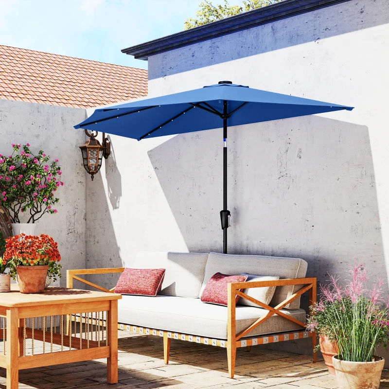 Outsunny Half Outdoor Patio Umbrella with Solar LED Lights Half Umbrella with Crank 105.1" x 53.5" Navy Blue