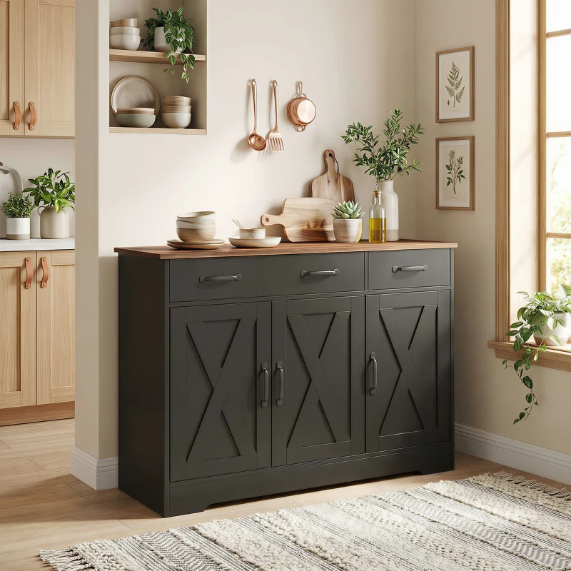 HOMCOM Sideboard Buffet Cabinet, 43" Farmhouse Kitchen Cabinet with 3 Barn Doors, 2 Drawers, 2 Adjustable Shelves, Black