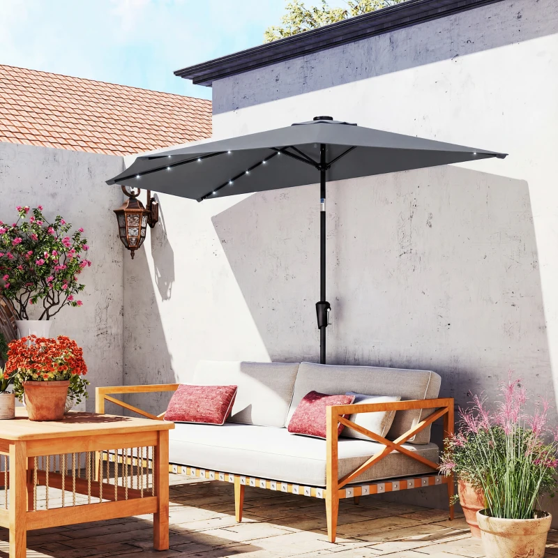 Outsunny Half Outdoor Patio Umbrella with Solar LED Lights Half Umbrella with Crank 9ft Dark Grey