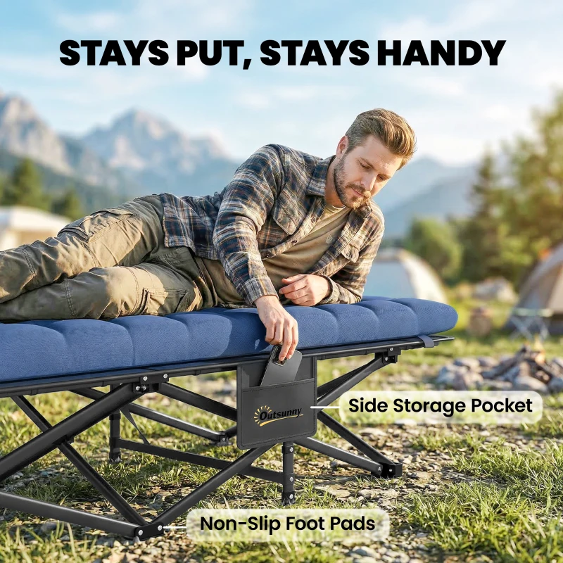 Outsunny Camping Cot with Soft Pad, 32" Extra Wide Folding Cots with Non-Slip Feet and Carry Bag, Blue