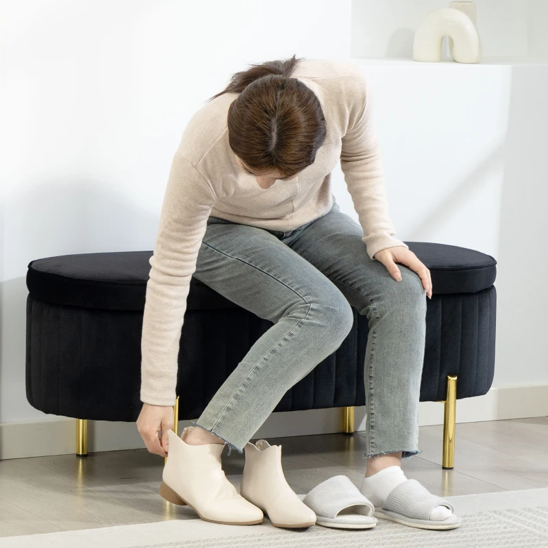 HOMCOM Upholstered Bedroom Bench, Channel Tufted Ottoman Bench with Thick Padding and Metal Legs, Black