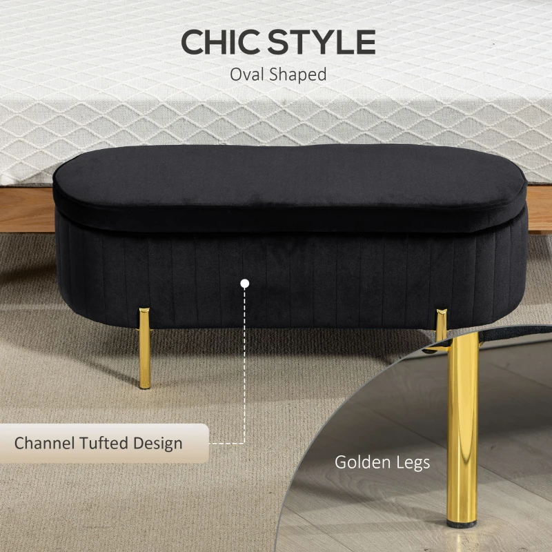 HOMCOM Upholstered Bedroom Bench, Channel Tufted Ottoman Bench with Thick Padding and Metal Legs, Black