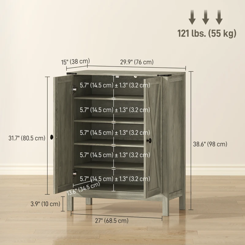 HOMCOM Shoe Cabinet with Barn Doors, Farmhouse Shoe Storage Cabinet with Adjustable Shelves, Holds up to 15 Pairs, Grey