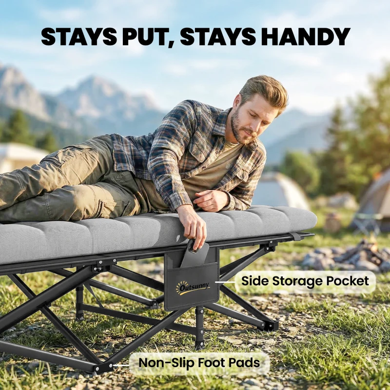 Outsunny Set of 2 Camping Cot with Soft Pad, 32" Extra Wide Folding Cots with Non-Slip Feet and Carry Bag, Grey