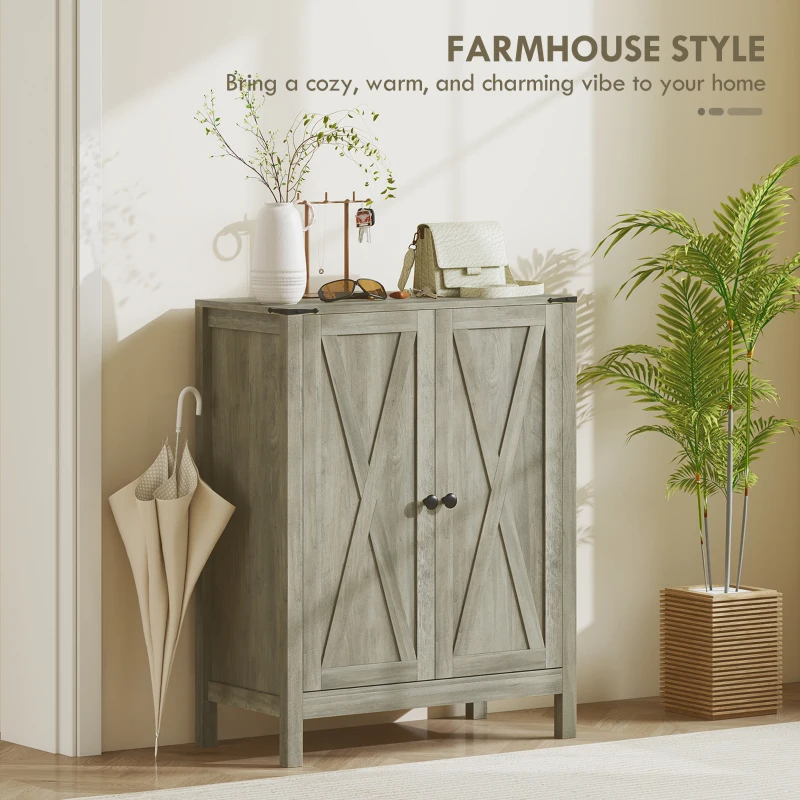 HOMCOM Shoe Cabinet with Barn Doors, Farmhouse Shoe Storage Cabinet with Adjustable Shelves, Holds up to 15 Pairs, Grey