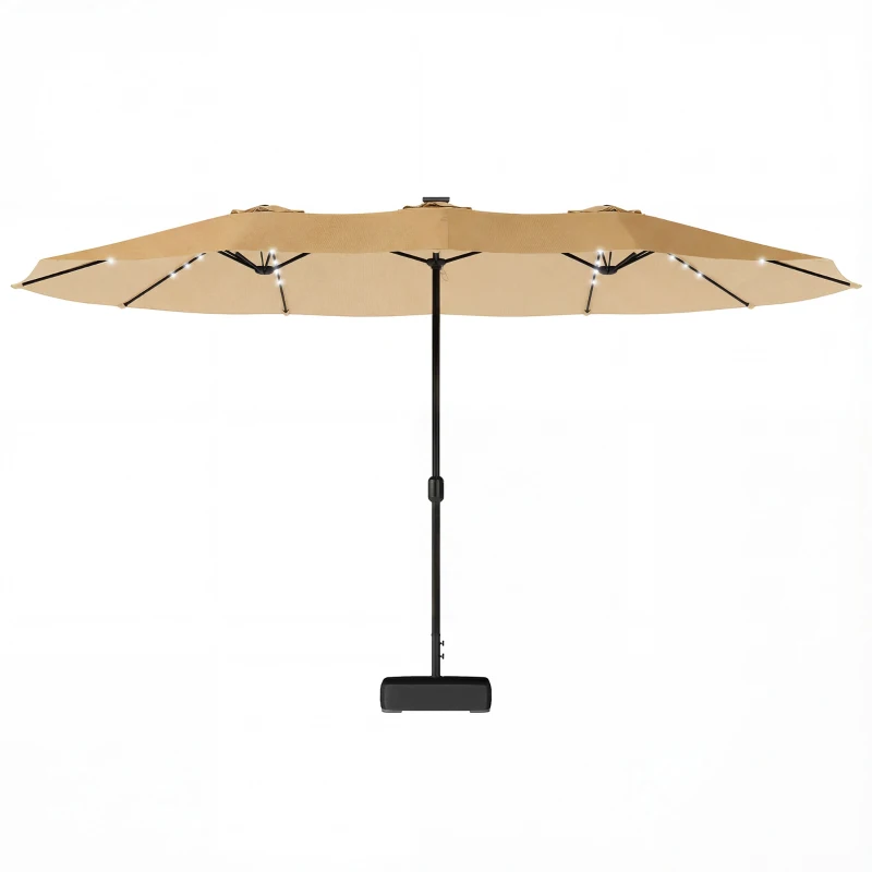 Outsunny Double-sided Patio Umbrella with Base Included & 48 LED Lights 15ft Khaki