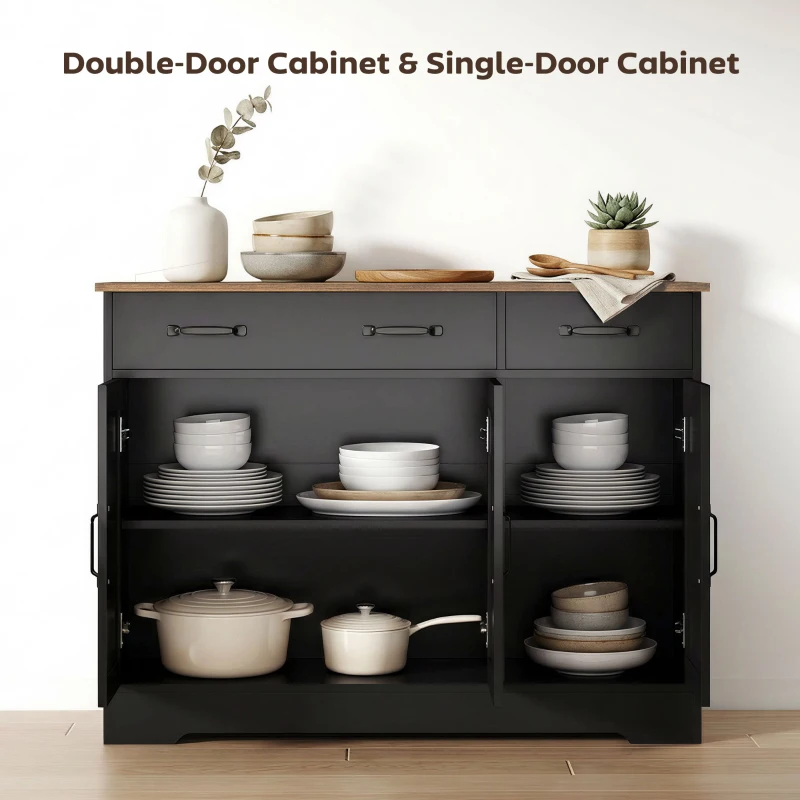 HOMCOM Sideboard Buffet Cabinet, 43" Farmhouse Kitchen Cabinet with 3 Barn Doors, 2 Drawers, 2 Adjustable Shelves, Black