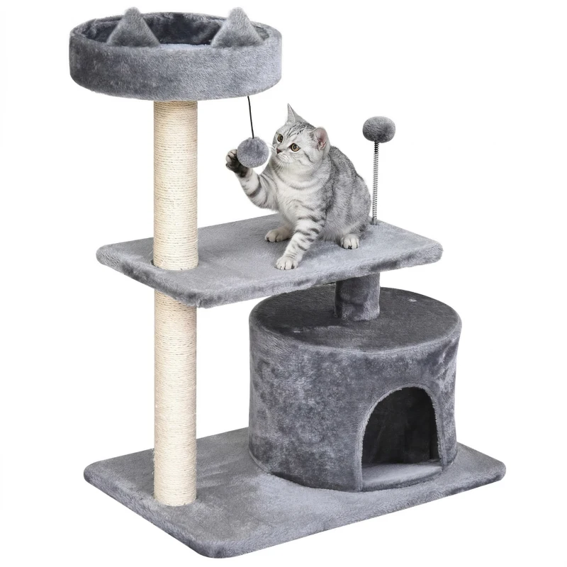 PawHut 81cm/32" Multi-level Cat Tree Scratcher Kitty Activity Center,Condo, Perch, Jumping Platforms,Toys Grey